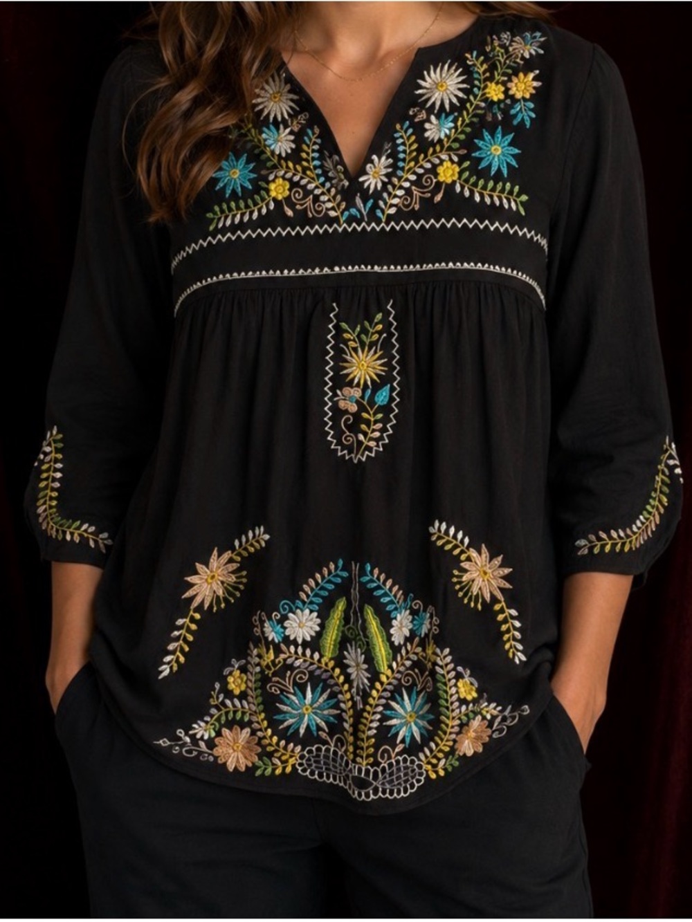 Fashion U Embroidered Boho Top Medium Black Floral Peasant Blouse